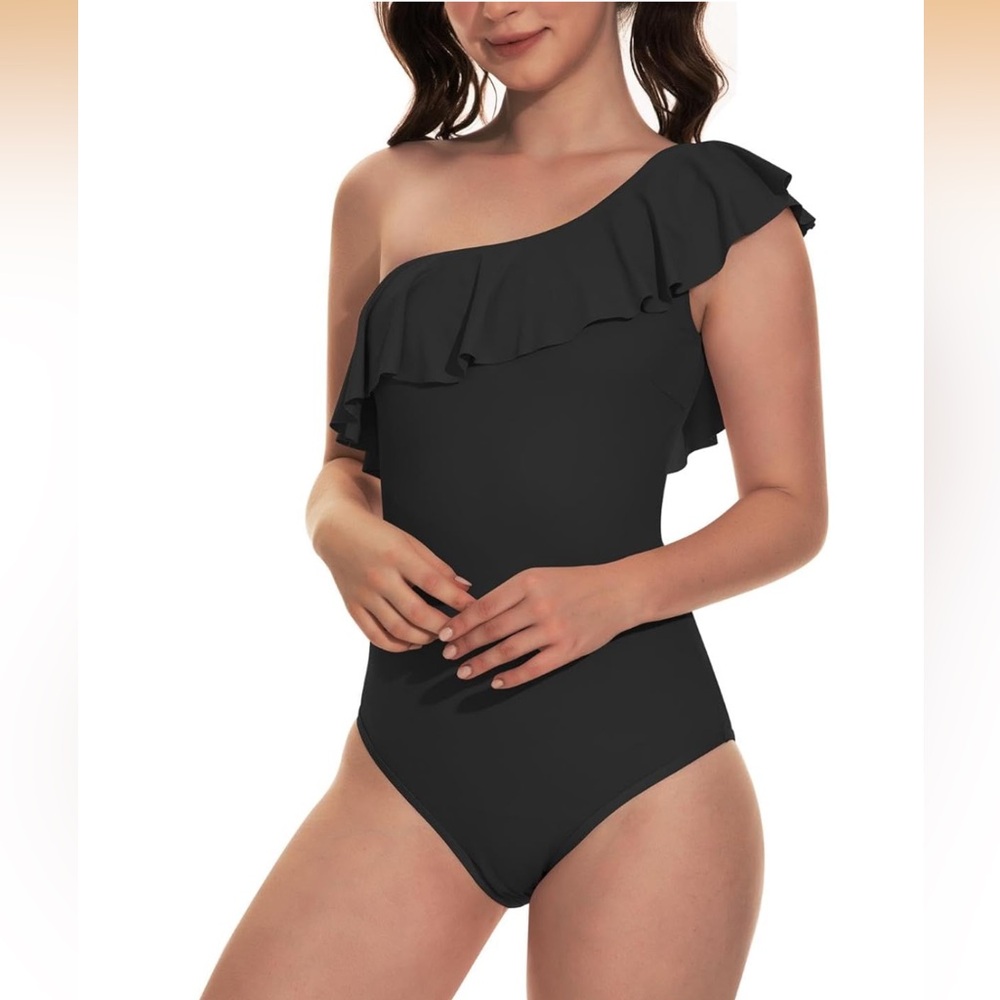 One-Shoulder Ruffle One-Piece Swimsuit - Black